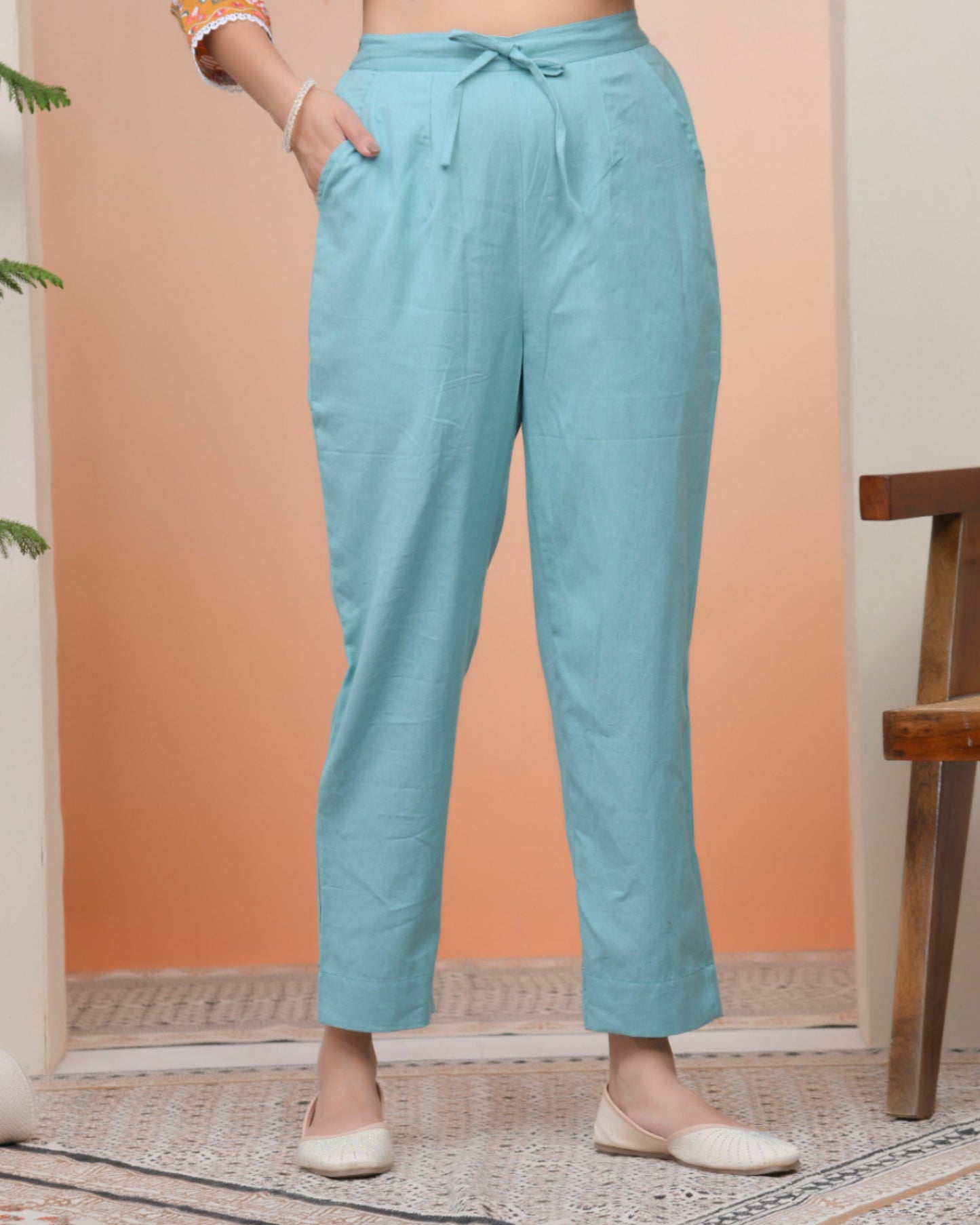 Vaasva Women Turquoise Cotton Flax Solid Straight Pants | Swadesiicart