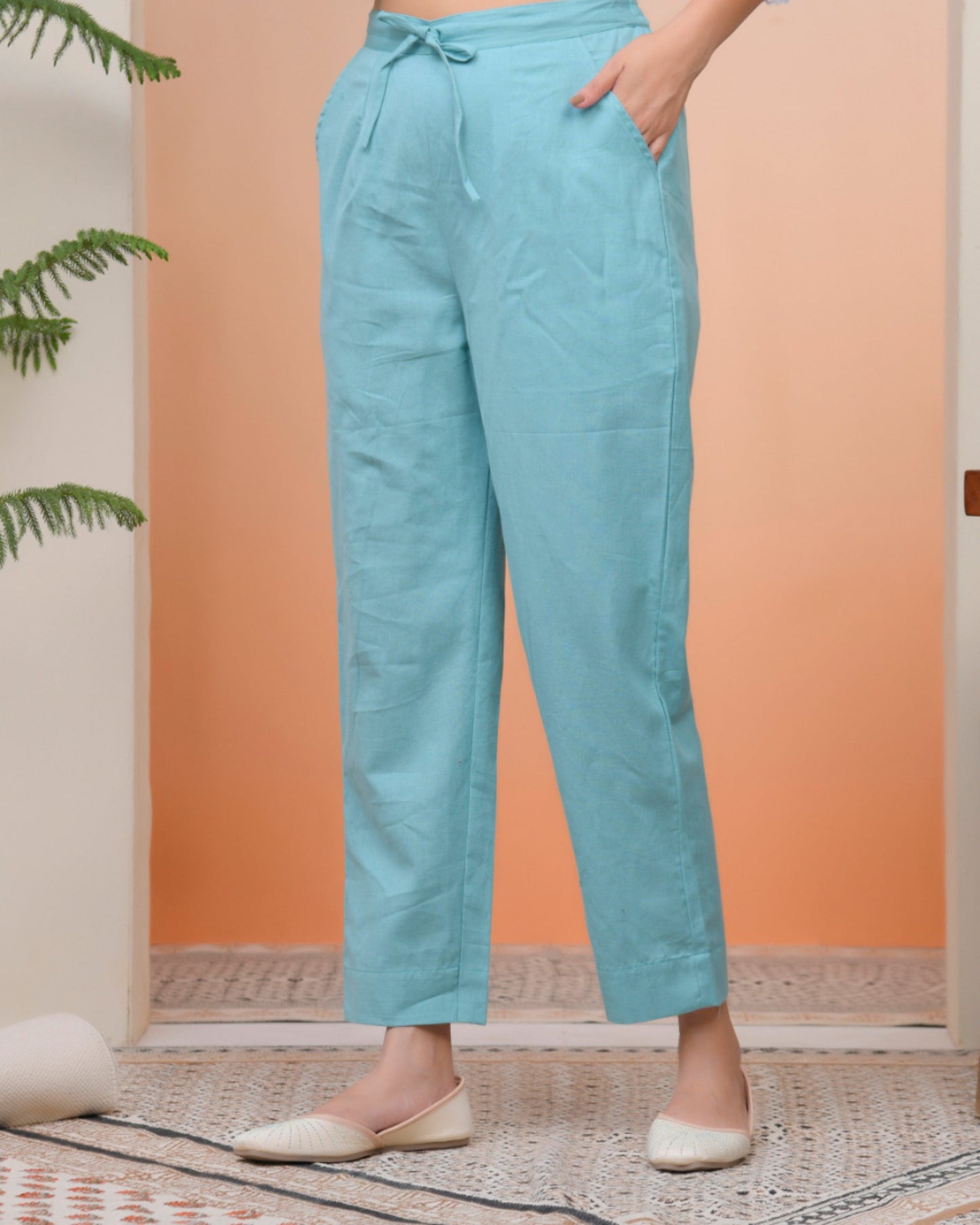 Vaasva Women Turquoise Cotton Flax Solid Straight Pants | Swadesiicart