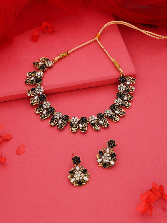 Tehzeeb Creations Luxurious Mendi Gold Polished White & Black Ad Jewellery Choker Necklace Set With Matching Earrings - Swadesiicart