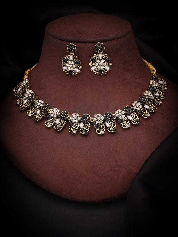 Tehzeeb Creations Luxurious Mendi Gold Polished White & Black Ad Jewellery Choker Necklace Set With Matching Earrings - Swadesiicart