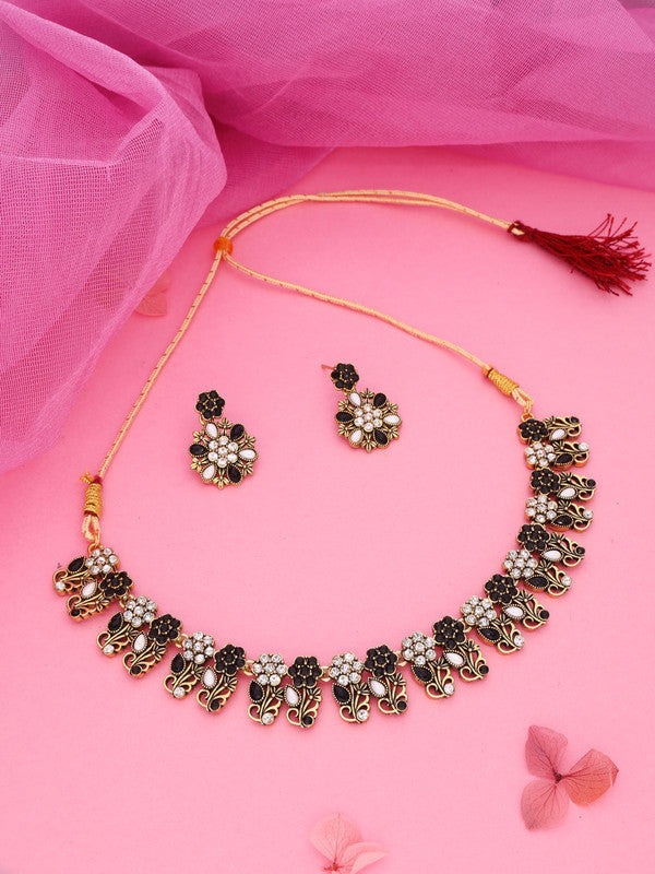 Tehzeeb Creations Luxurious Mendi Gold Polished White & Black Ad Jewellery Choker Necklace Set With Matching Earrings - Swadesiicart
