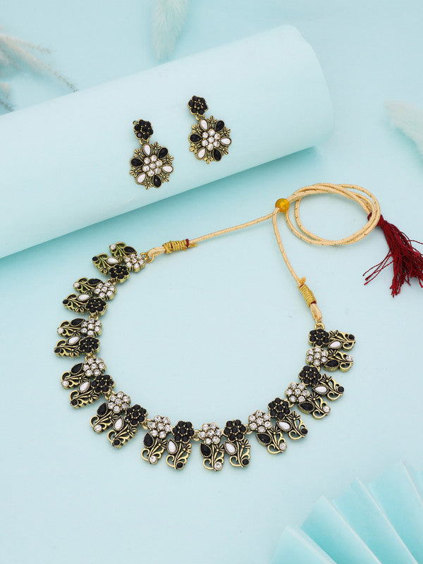 Tehzeeb Creations Luxurious Mendi Gold Polished White & Black Ad Jewellery Choker Necklace Set With Matching Earrings - Swadesiicart