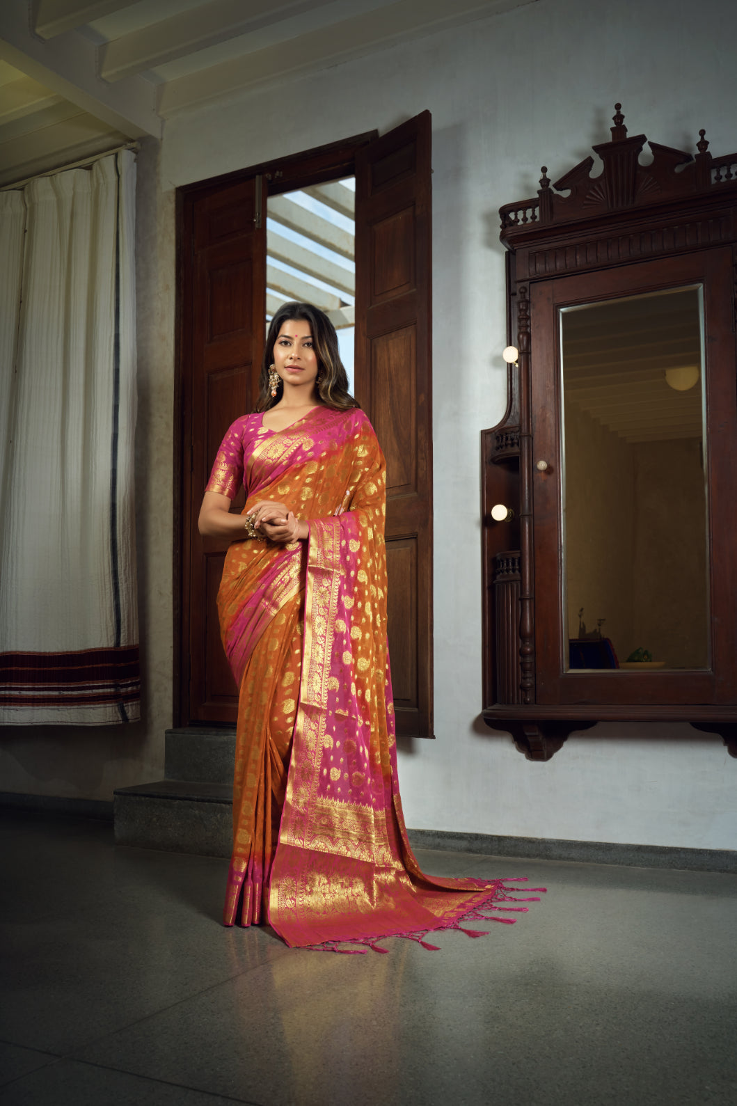 Vardha Sunset Orange Golden Zari Banarasi Chiffon Saree | Swadesiicart