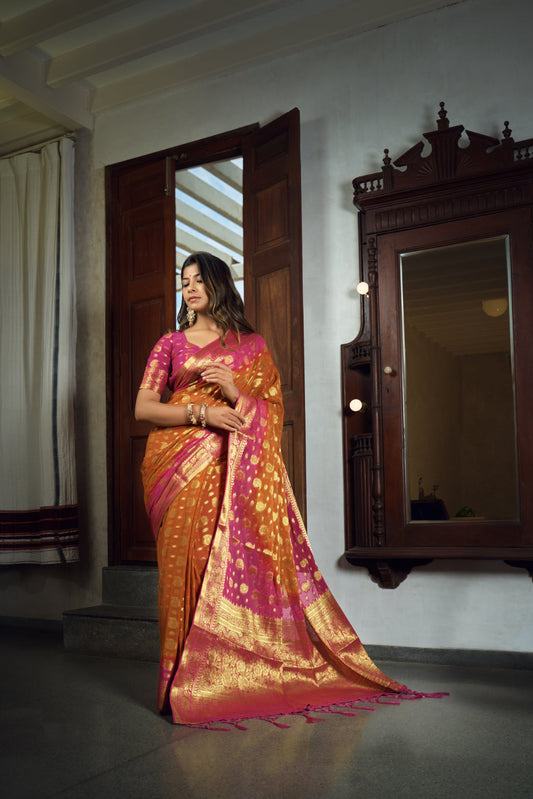 Vardha Sunset Orange Golden Zari Banarasi Chiffon Saree | Swadesiicart