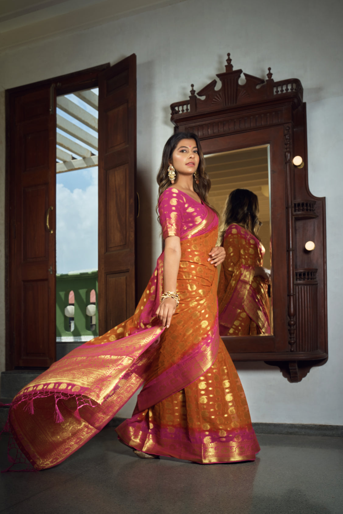 Vardha Sunset Orange Golden Zari Banarasi Chiffon Saree | Swadesiicart