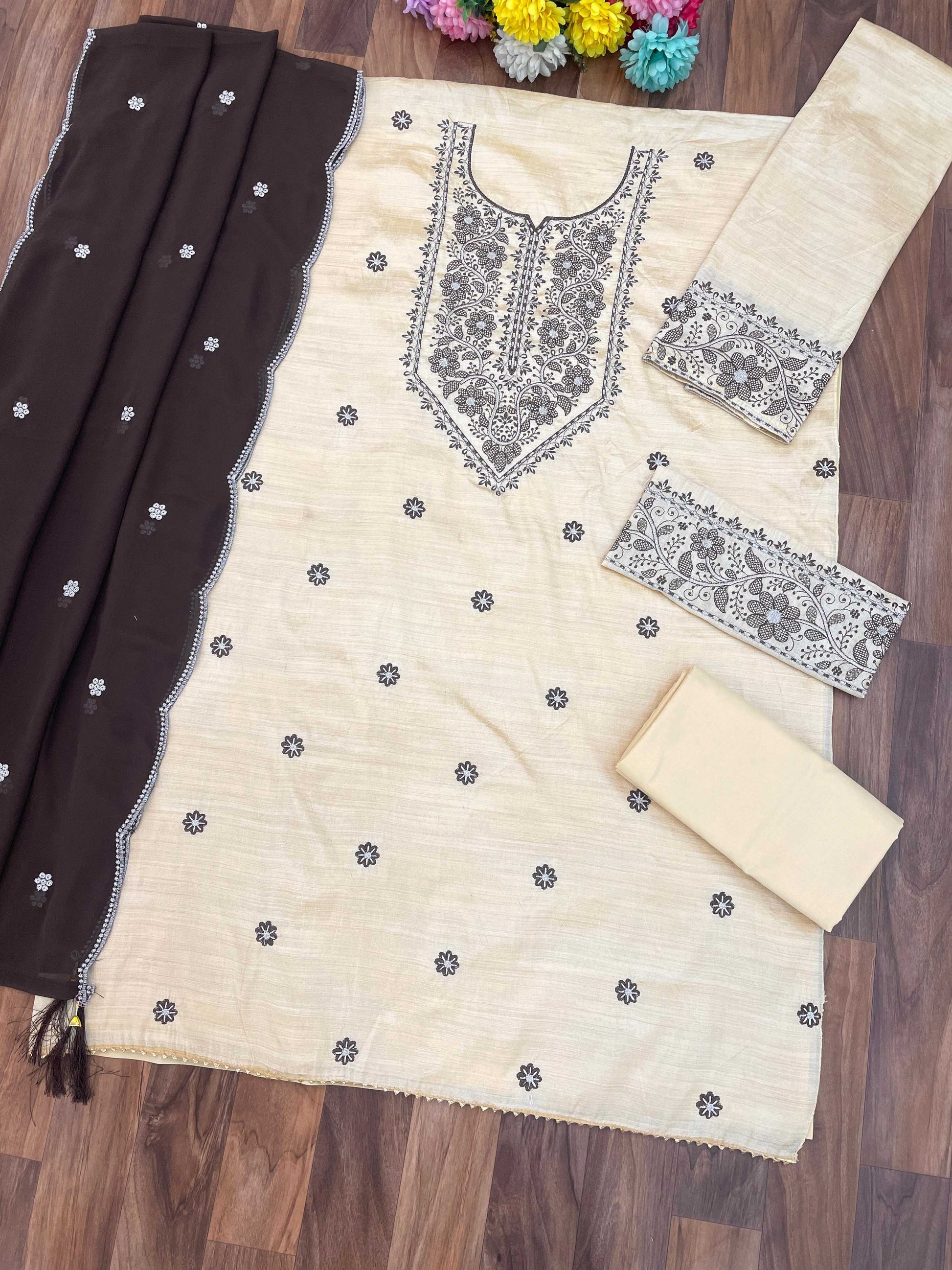 Anaita White D Purple Khadi Cotton Suit with Embroidery & Patchwork