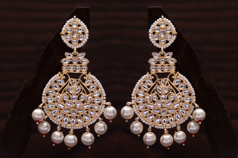 Gold-Polished Traditional Beaded Chandbali Earrings Glided with Kundans and Pearls For Women/Girls - Wahe Jewels - Swadesiicart