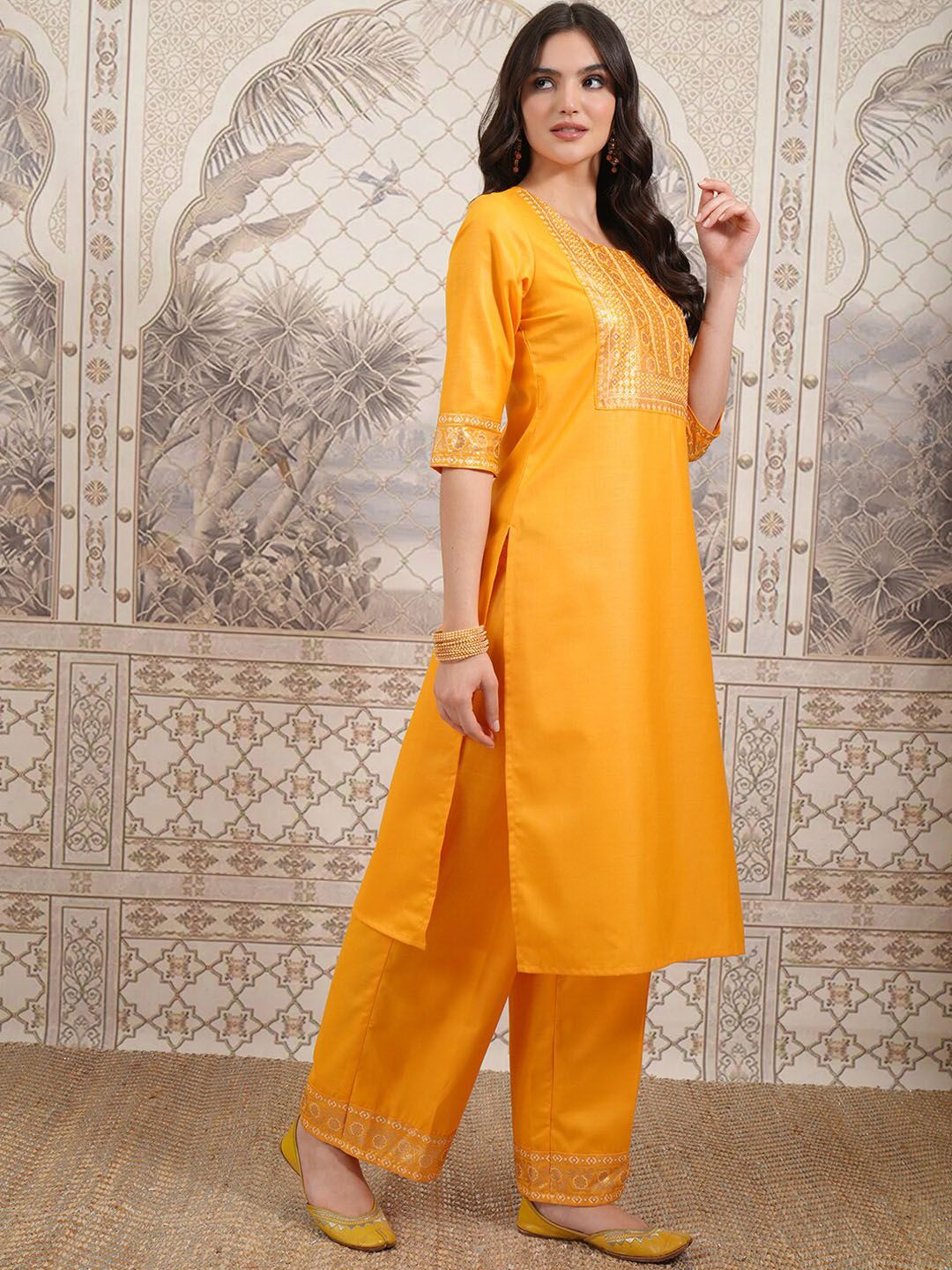 Vishudh Floral Yoke Design Straight Kurta with Palazzos & With Dupatta - Swadesiicart