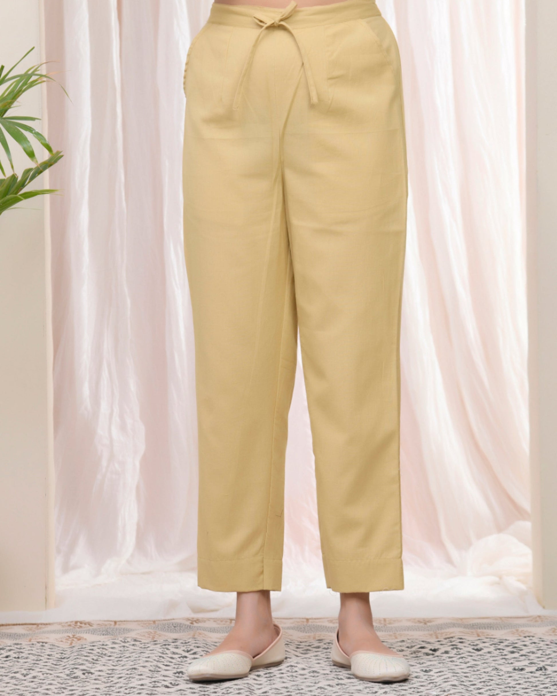Vaasva Women Cheeku Cotton Flax Solid Straight Pants | Swadesiicart