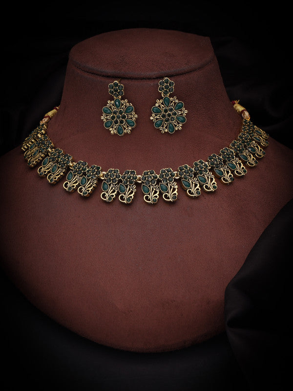 Tehzeeb Creations Luxurious Gold Polished Green Colour Choker Necklace Set With Matching Earrings - Swadesiicart