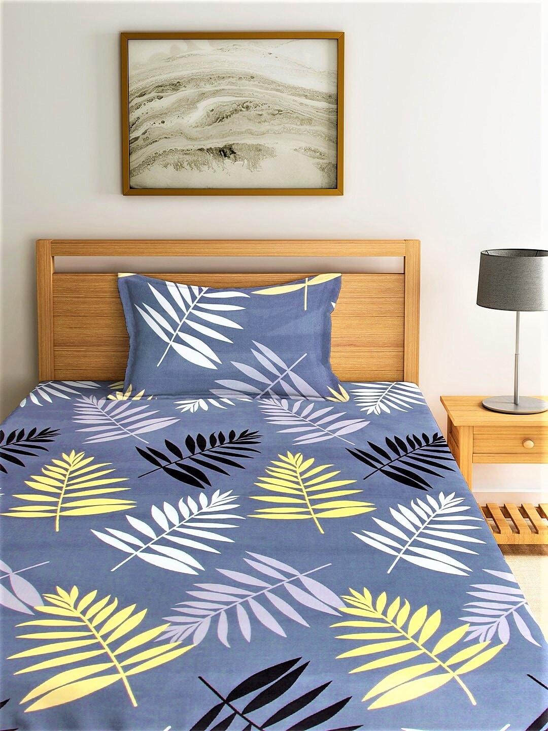 Home Sizzler Grey & White Floral 144 TC Single Bedsheet with 1 Pillow Covers - Swadesiicart