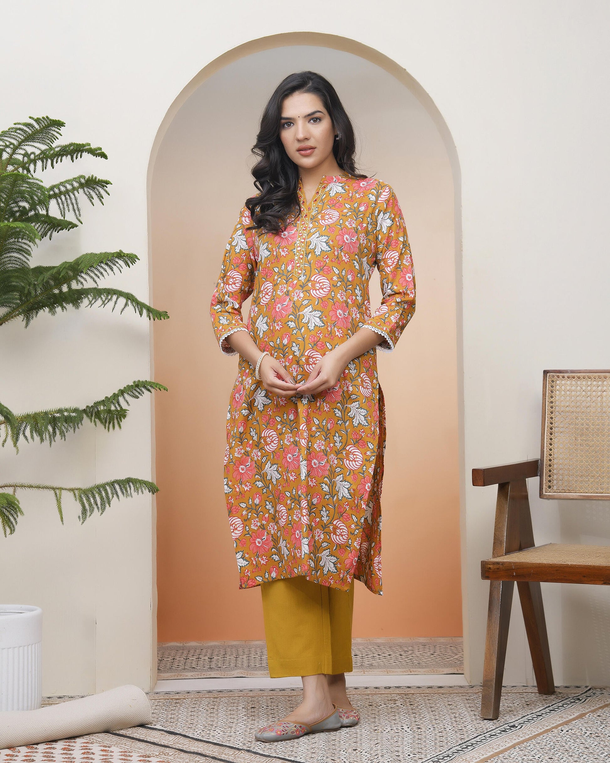 Vaasva Women Mustard Cotton Printed Straight Kurti - Swadesiicart