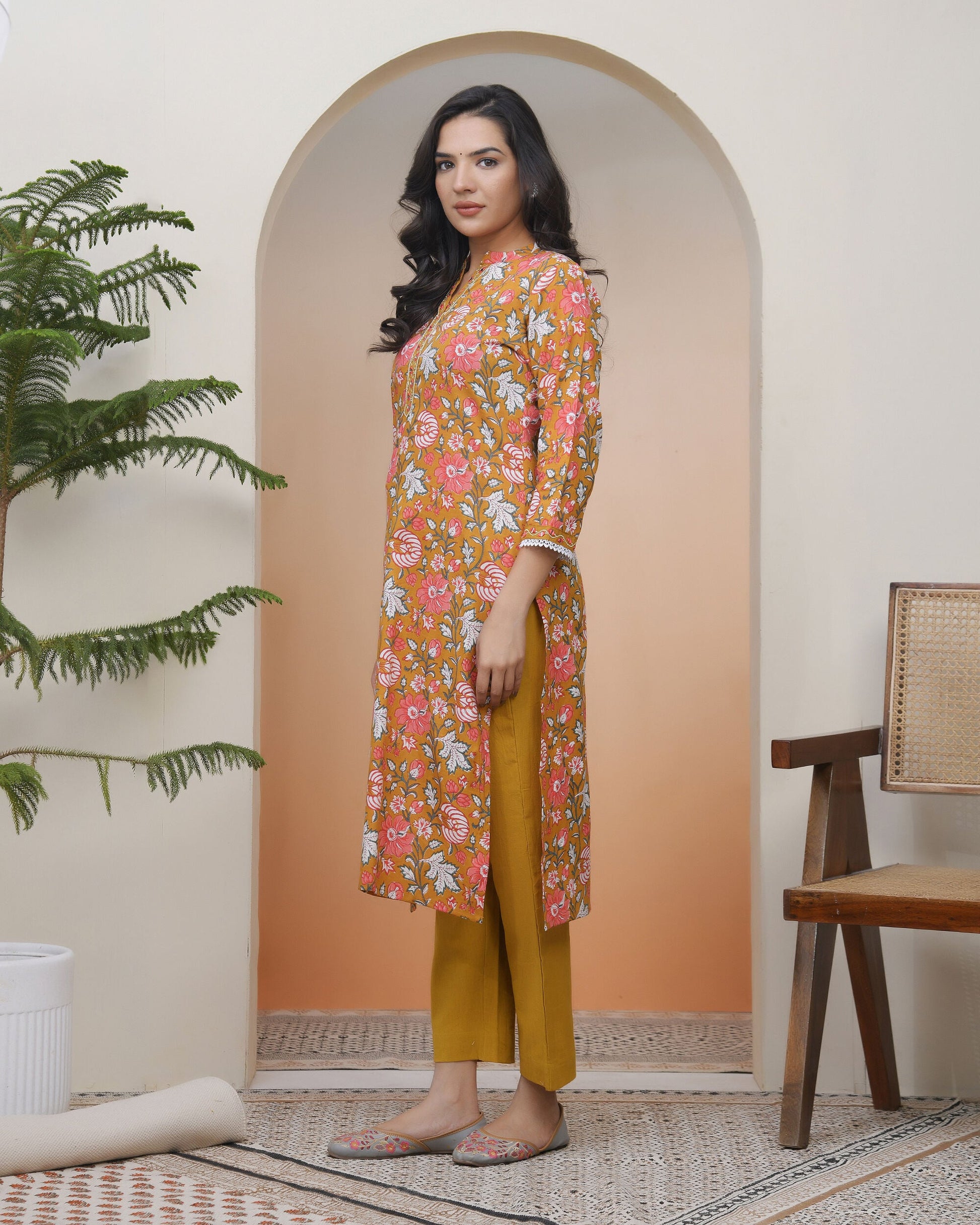 Vaasva Women Mustard Cotton Printed Straight Kurti - Swadesiicart