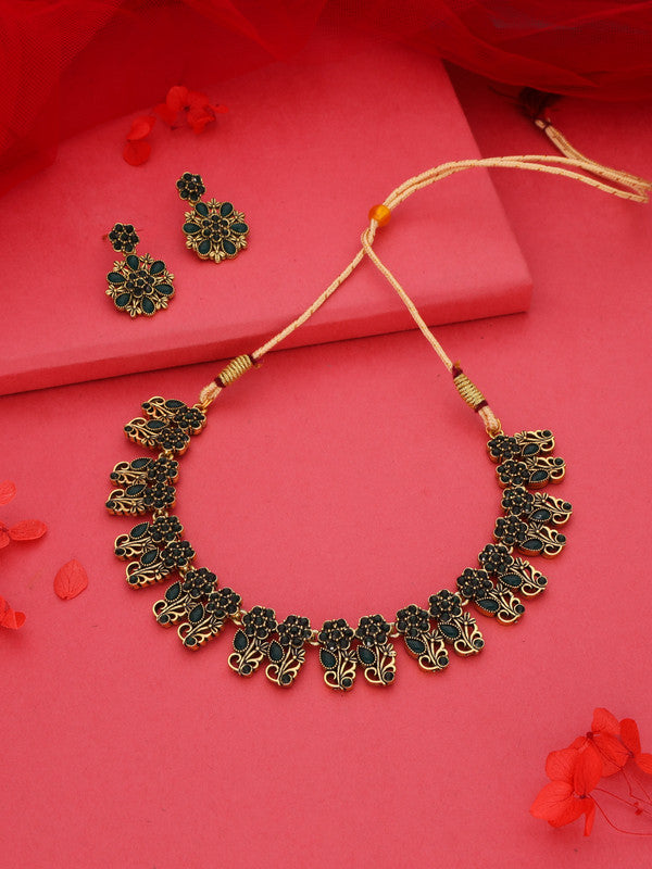 Tehzeeb Creations Luxurious Gold Polished Green Colour Choker Necklace Set With Matching Earrings - Swadesiicart