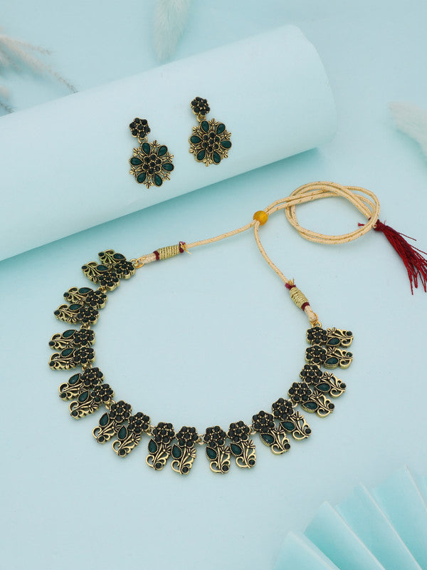 Tehzeeb Creations Luxurious Gold Polished Green Colour Choker Necklace Set With Matching Earrings - Swadesiicart