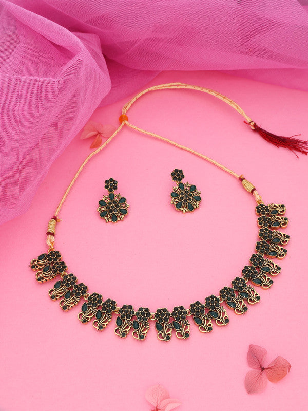Tehzeeb Creations Luxurious Gold Polished Green Colour Choker Necklace Set With Matching Earrings - Swadesiicart