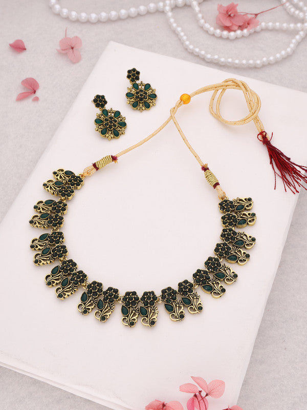 Tehzeeb Creations Luxurious Gold Polished Green Colour Choker Necklace Set With Matching Earrings - Swadesiicart