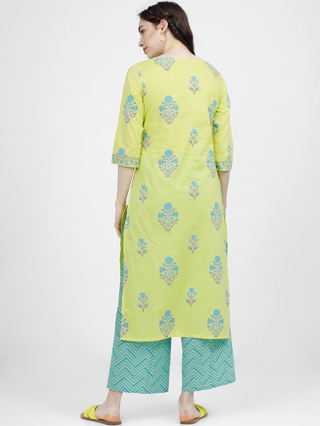 Vishudh Women Lime Green Ethnic Motifs Printed Regular Pure Cotton Kurta with Palazzos - Swadesiicart