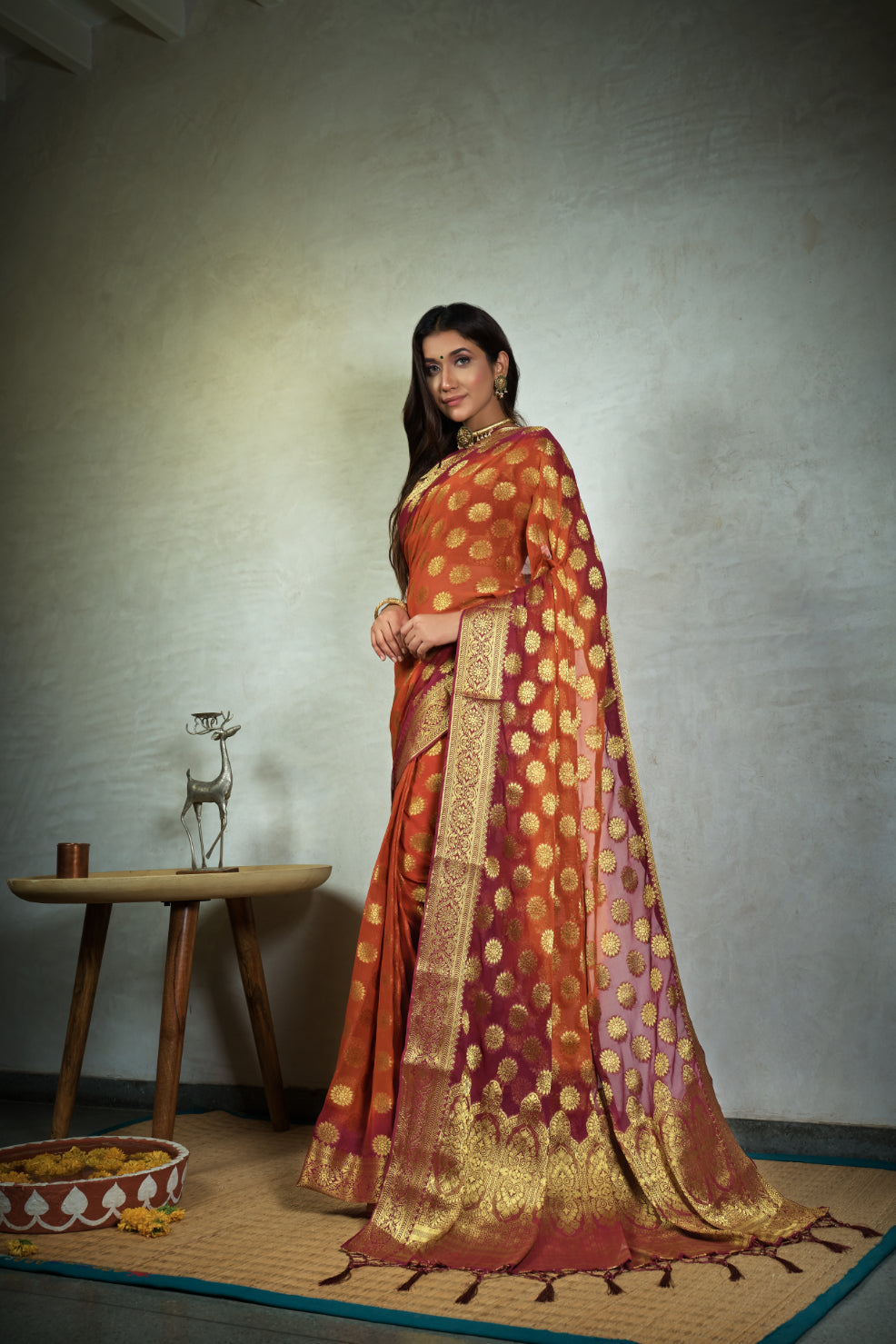 Vardha Marmalade Orange Golden Zari Banarasi Chiffon Saree | Swadesiicart
