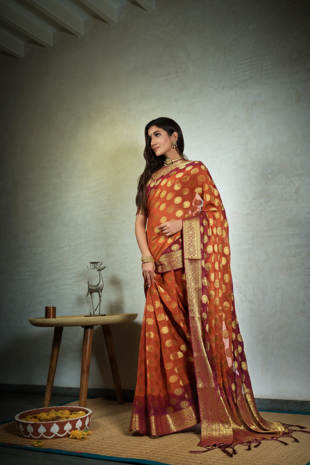 Vardha Marmalade Orange Golden Zari Banarasi Chiffon Saree | Swadesiicart