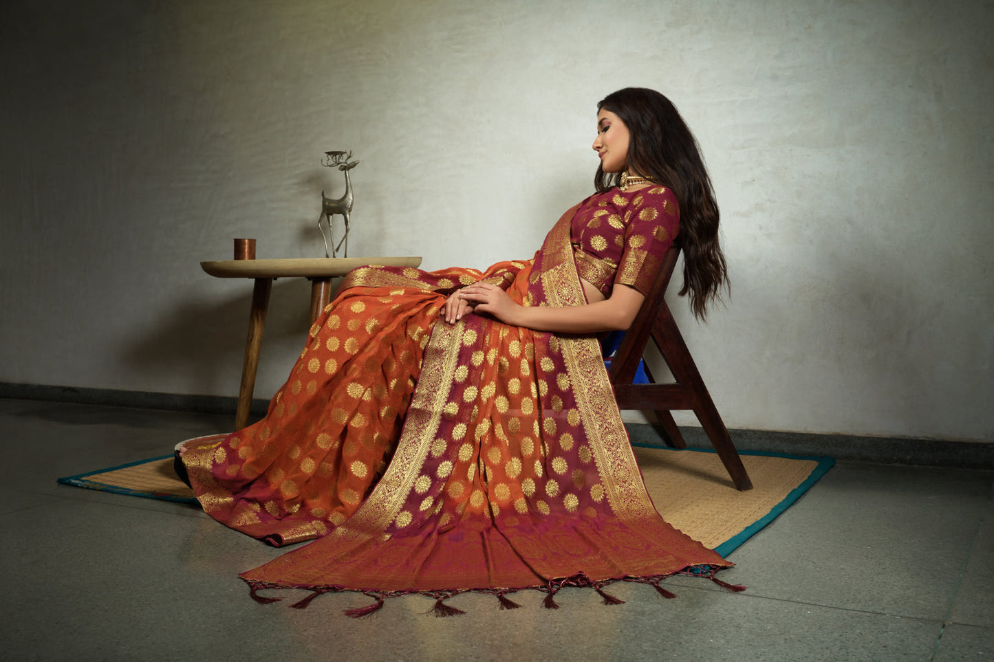 Vardha Marmalade Orange Golden Zari Banarasi Chiffon Saree | Swadesiicart