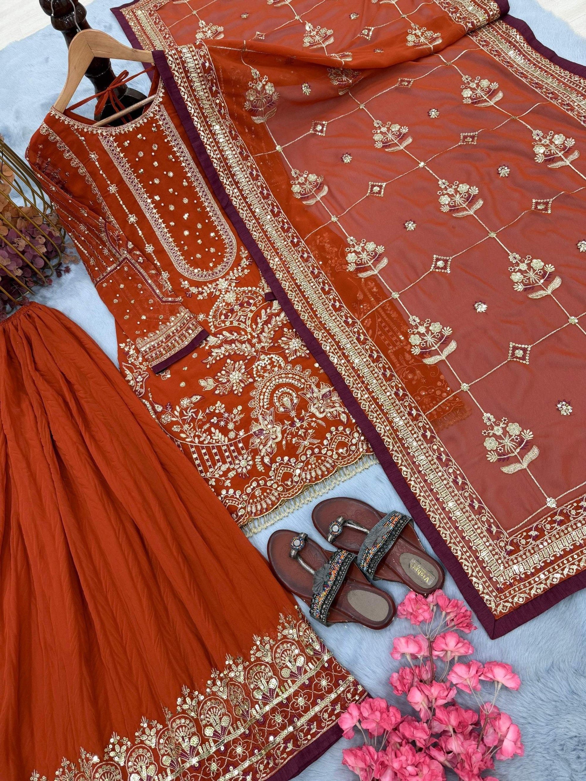 Anaita Orange Faux Georgette Readymade Suit with Embroidery & Moti Work