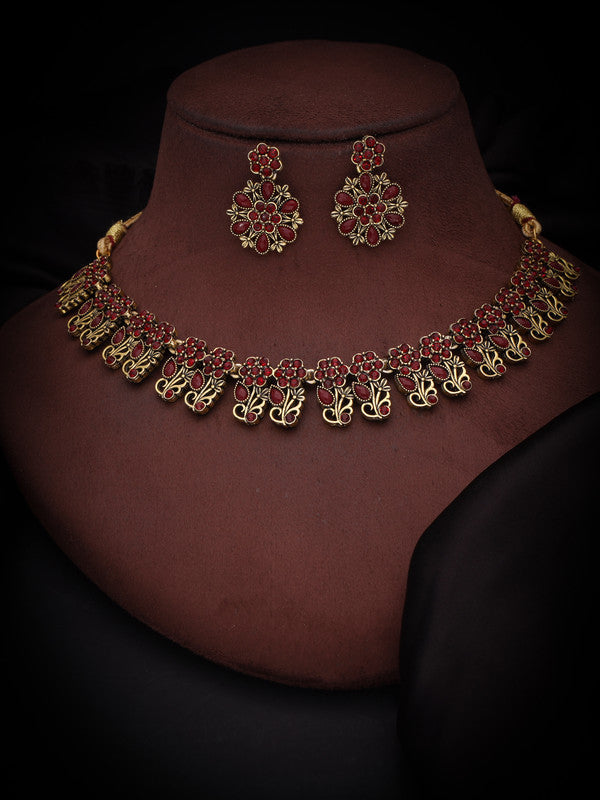 Tehzeeb Creations Luxurious Gold Polished Maroon Colour Choker Necklace Set With Matching Earrings - Swadesiicart
