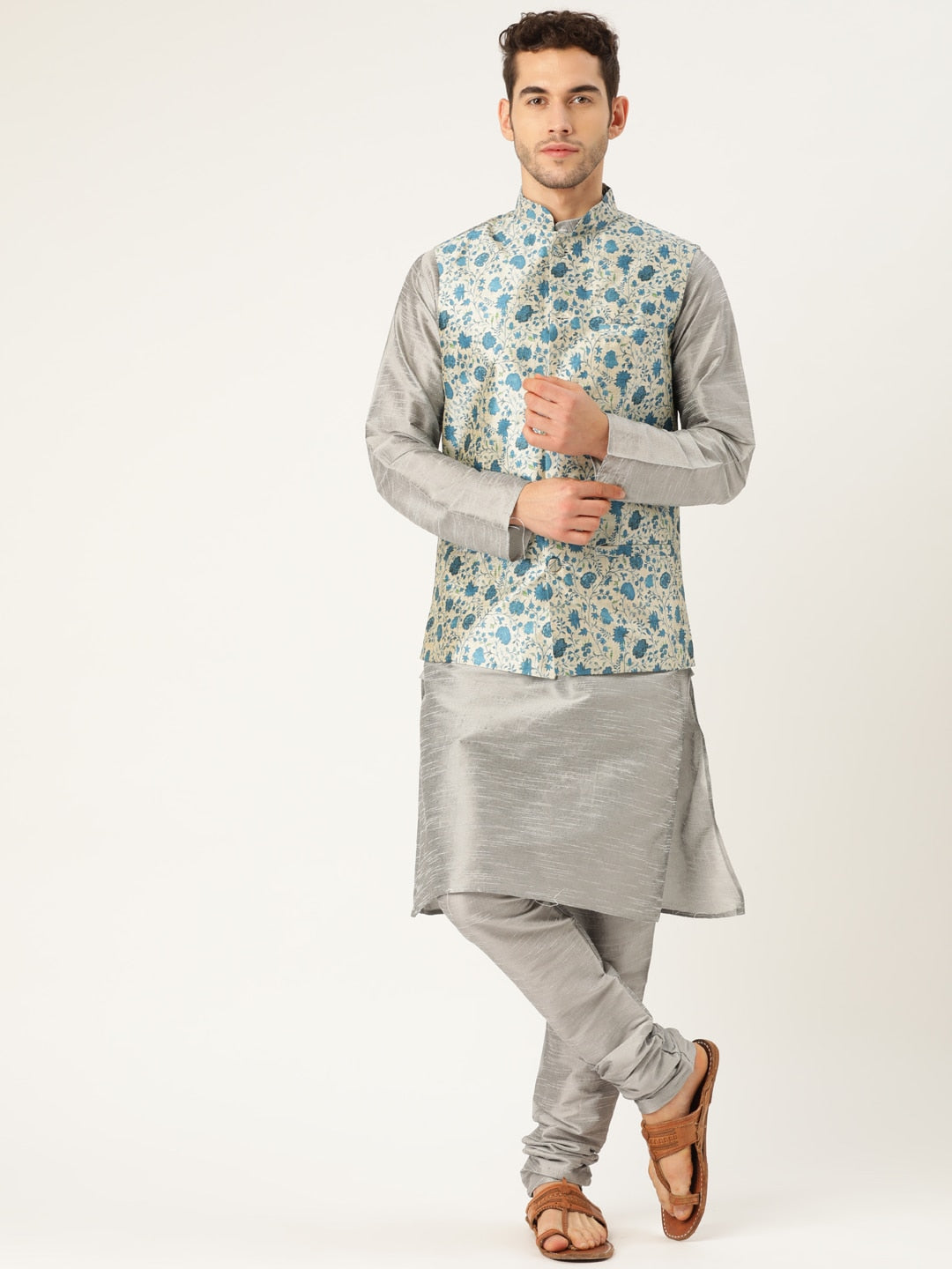 Sojanya Men Grey & Blue Solid Kurta Set with Nehru Jacket | Swadesiicart