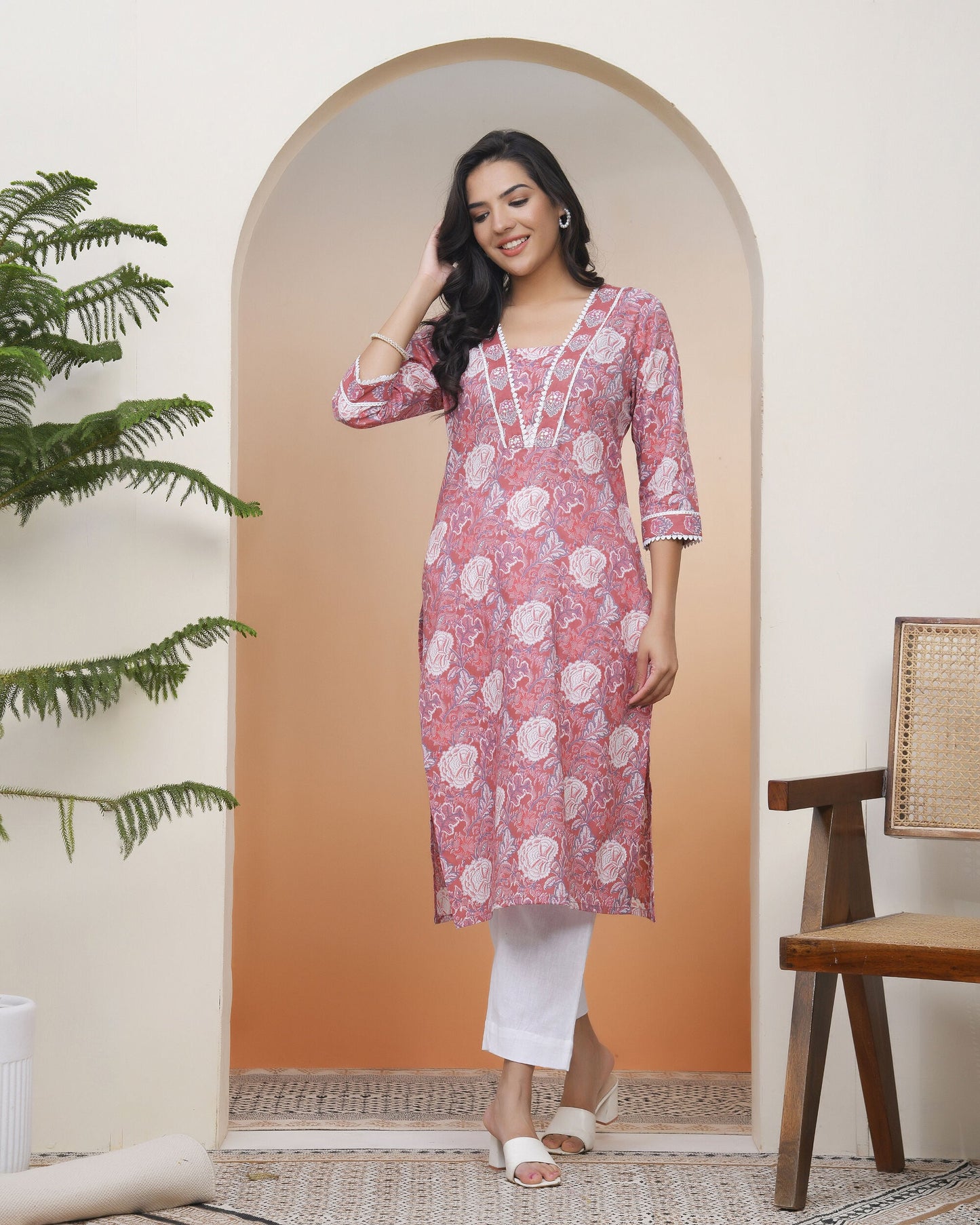 Vaasva Women Nude Pink Cotton Printed Straight Kurti - Swadesiicart