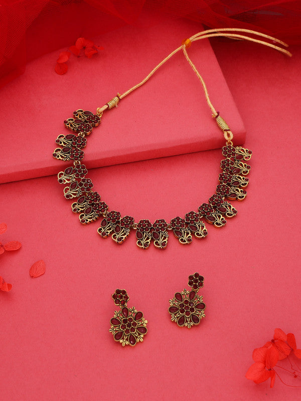 Tehzeeb Creations Luxurious Gold Polished Maroon Colour Choker Necklace Set With Matching Earrings - Swadesiicart