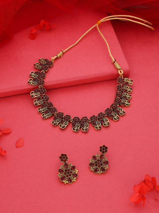 Tehzeeb Creations Luxurious Gold Polished Maroon Colour Choker Necklace Set With Matching Earrings - Swadesiicart