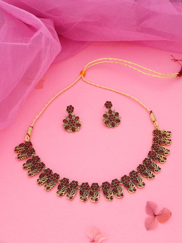 Tehzeeb Creations Luxurious Gold Polished Maroon Colour Choker Necklace Set With Matching Earrings - Swadesiicart