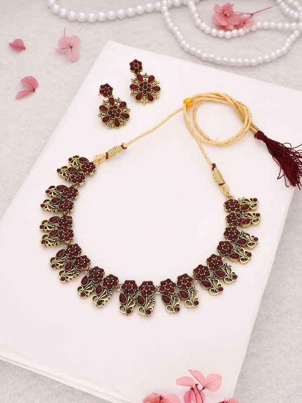 Tehzeeb Creations Luxurious Gold Polished Maroon Colour Choker Necklace Set With Matching Earrings - Swadesiicart