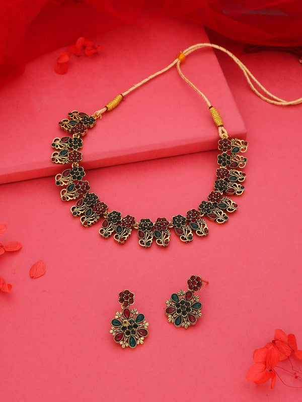 Tehzeeb Creations Luxurious Gold Polished Maroon & Green Colour Choker Necklace Set With Matching Earrings - Swadesiicart
