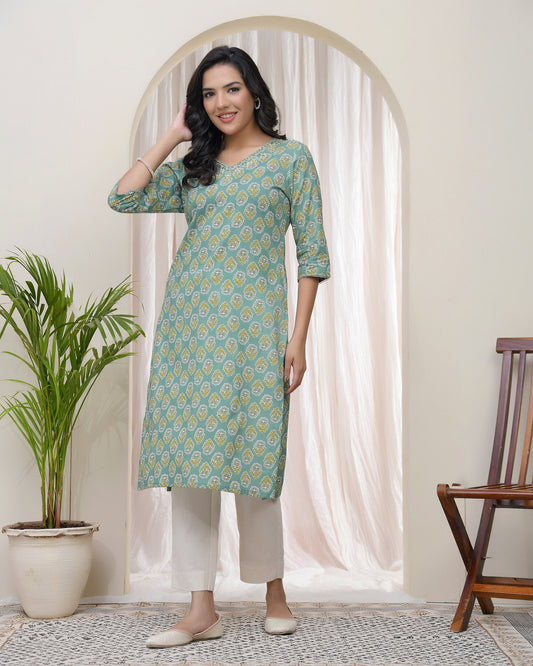 Vaasva Women Aqua Cotton Printed Straight Kurti - Swadesiicart