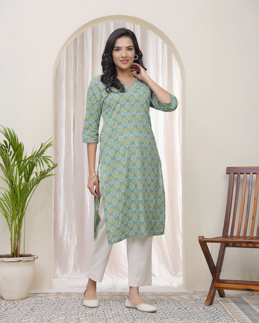 Vaasva Women Aqua Cotton Printed Straight Kurti - Swadesiicart