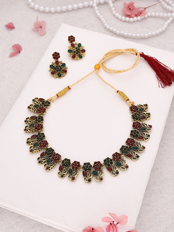 Tehzeeb Creations Luxurious Gold Polished Maroon & Green Colour Choker Necklace Set With Matching Earrings - Swadesiicart