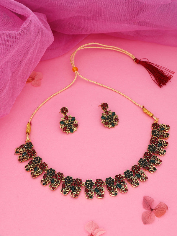 Tehzeeb Creations Luxurious Gold Polished Maroon & Green Colour Choker Necklace Set With Matching Earrings - Swadesiicart