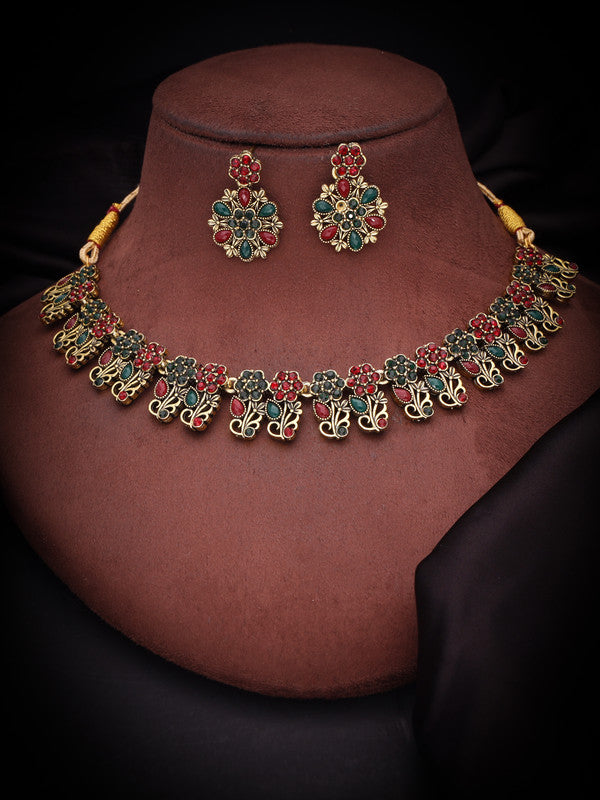 Tehzeeb Creations Luxurious Gold Polished Maroon & Green Colour Choker Necklace Set With Matching Earrings - Swadesiicart