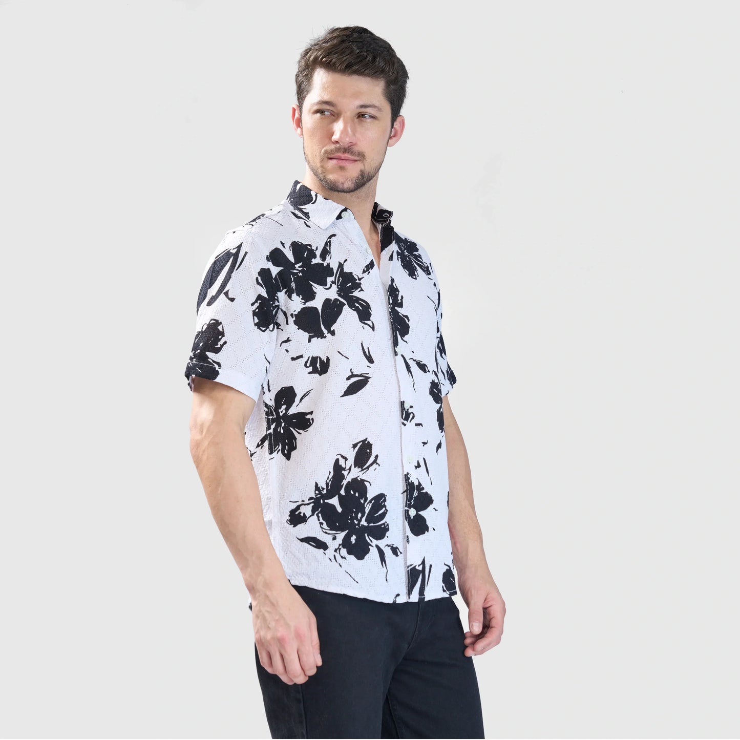 Xkind White Floral Printed Textured Regular Fit Shirt | Swadesiicart
