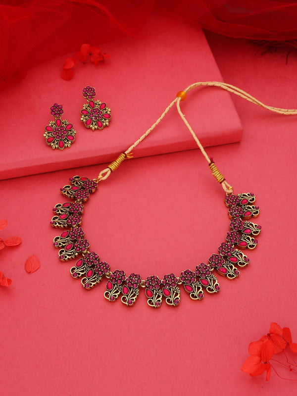 Tehzeeb Creations Luxurious Gold Polished Pink Colour Choker Necklace Set With Matching Earrings - Swadesiicart