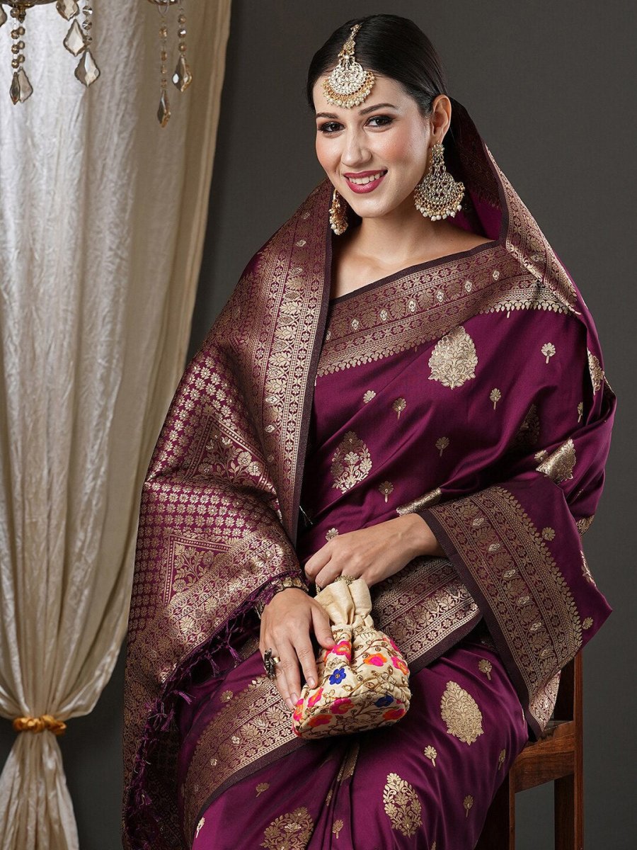 Anouk Purple & Gold-Toned Ethnic Motifs Zari Banarasi Saree | Swadesiicart