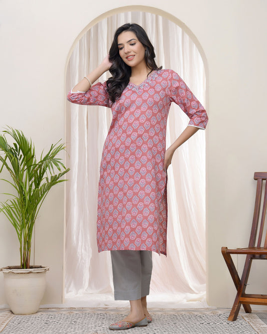 Vaasva Women Pink Cotton Printed Straight Kurti - Swadesiicart