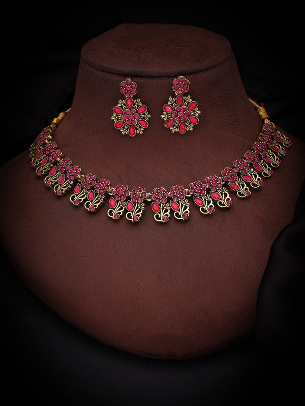 Tehzeeb Creations Luxurious Gold Polished Pink Colour Choker Necklace Set With Matching Earrings - Swadesiicart