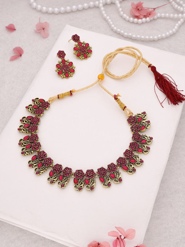 Tehzeeb Creations Luxurious Gold Polished Pink Colour Choker Necklace Set With Matching Earrings - Swadesiicart