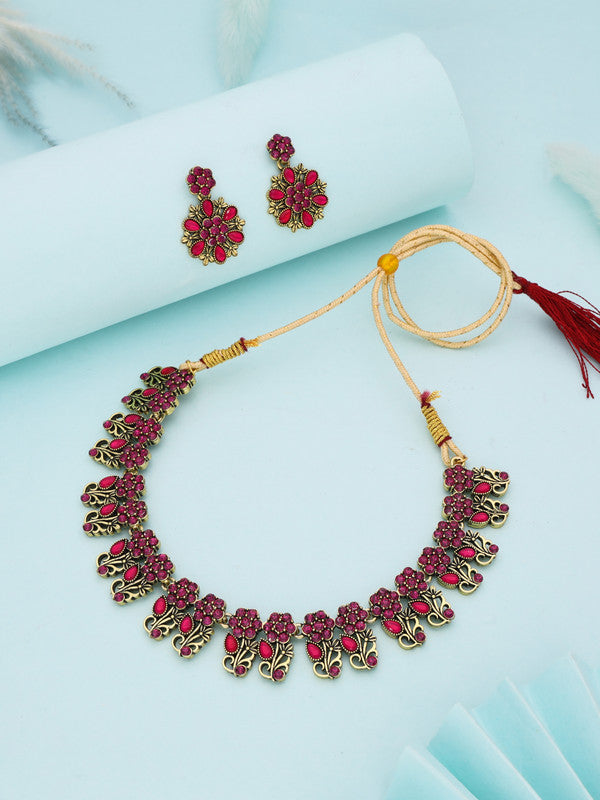 Tehzeeb Creations Luxurious Gold Polished Pink Colour Choker Necklace Set With Matching Earrings - Swadesiicart