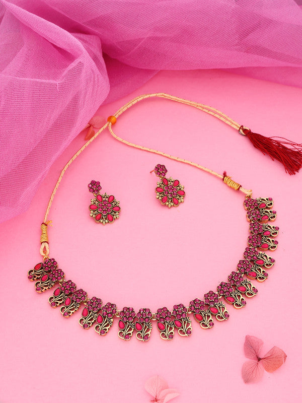 Tehzeeb Creations Luxurious Gold Polished Pink Colour Choker Necklace Set With Matching Earrings - Swadesiicart
