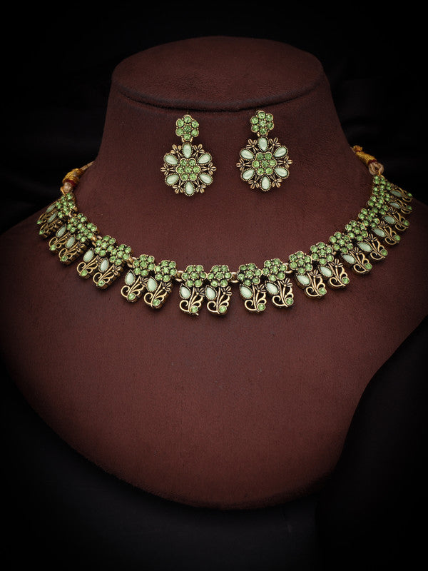Tehzeeb Creations Luxurious Gold Polished Sea Green Colour Choker Necklace Set With Matching Earrings - Swadesiicart