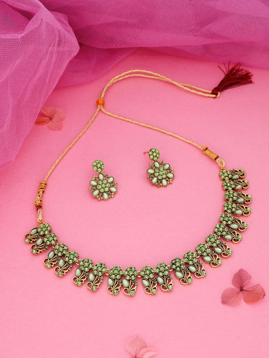 Tehzeeb Creations Luxurious Gold Polished Sea Green Colour Choker Necklace Set With Matching Earrings - Swadesiicart