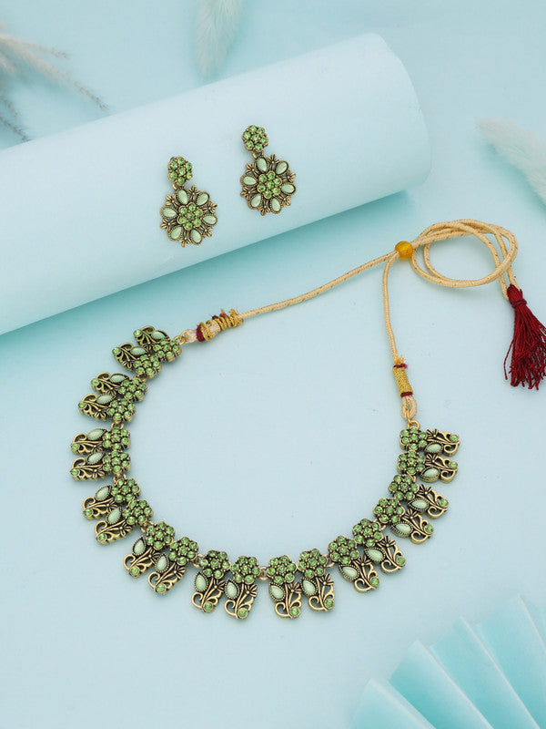 Tehzeeb Creations Luxurious Gold Polished Sea Green Colour Choker Necklace Set With Matching Earrings - Swadesiicart